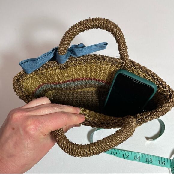 Petite handmade basket 🧺 tote with blue grosgrain ribbon from Whole Foods - Picture 2 of 8